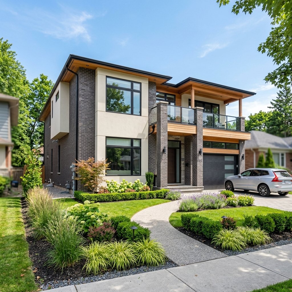 Modern standard brick residential house with tidy garden
